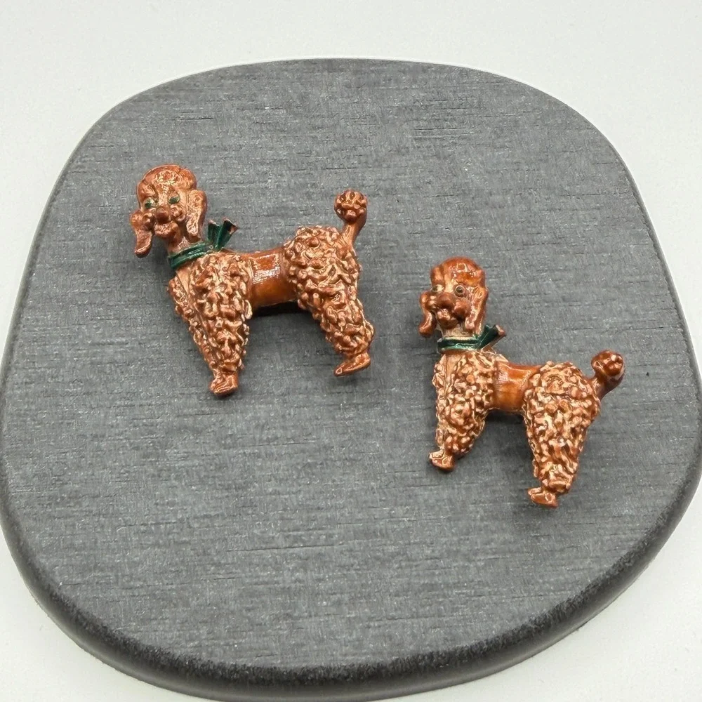 Vintage Pair Enamel Poodle Dog Brooch Pins Brown Green Figural Costume Jewelry